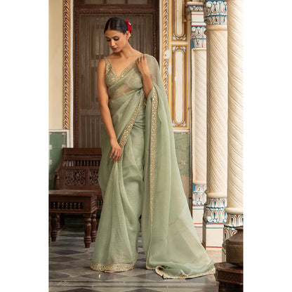 Neha Khullar Green Organza Pre Drape Mirror Work Saree and Stitched Blouse with Peticoat Set