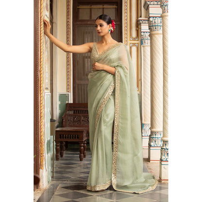 Neha Khullar Green Organza Pre Drape Mirror Work Saree and Stitched Blouse with Peticoat Set