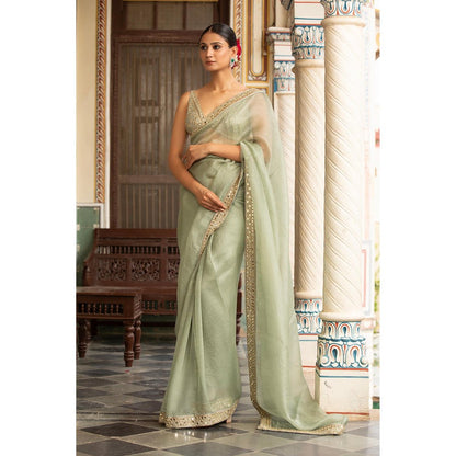Neha Khullar Green Organza Pre Drape Mirror Work Saree and Stitched Blouse with Peticoat Set