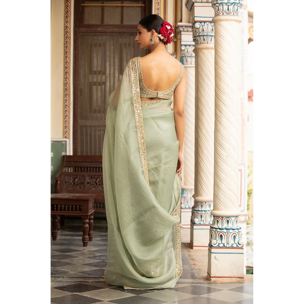 Neha Khullar Green Organza Pre Drape Mirror Work Saree and Stitched Blouse with Peticoat Set
