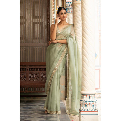 Neha Khullar Green Organza Pre Drape Mirror Work Saree and Stitched Blouse with Peticoat Set