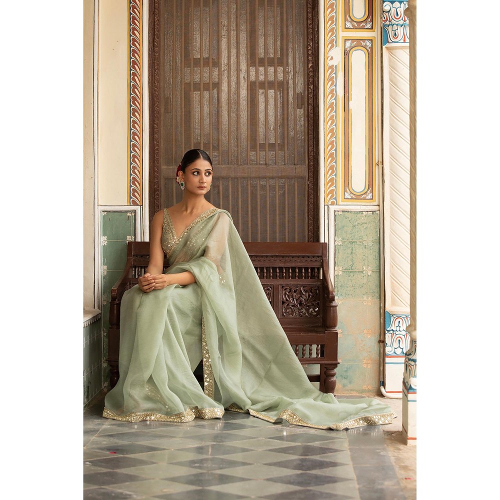 Neha Khullar Green Organza Pre Drape Mirror Work Saree and Stitched Blouse with Peticoat Set