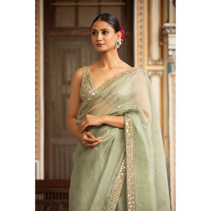 Neha Khullar Green Organza Pre Drape Mirror Work Saree and Stitched Blouse with Peticoat Set