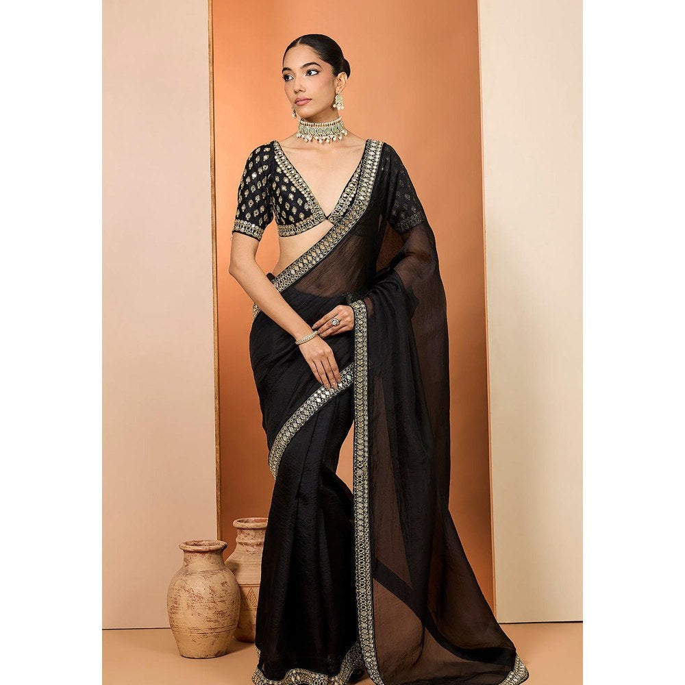 Neha Khullar Black Organza Pre Drape Mirror Work Saree and Stitched Blouse with Peticoat Set