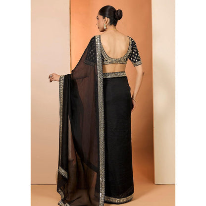 Neha Khullar Black Organza Pre Drape Mirror Work Saree and Stitched Blouse with Peticoat Set
