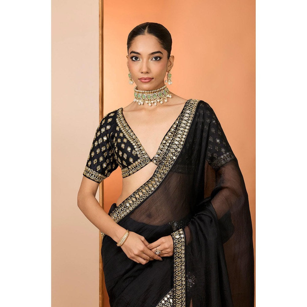 Neha Khullar Black Organza Pre Drape Mirror Work Saree and Stitched Blouse with Peticoat Set