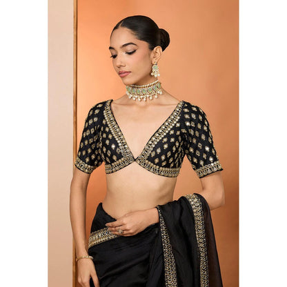 Neha Khullar Black Organza Pre Drape Mirror Work Saree and Stitched Blouse with Peticoat Set