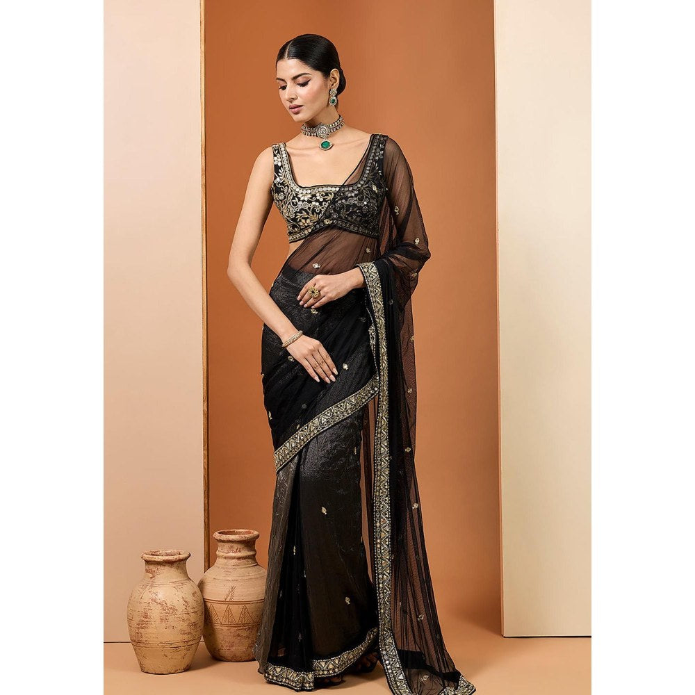 Neha Khullar Black Silk Tissue Net Embroidered Pre Drape Saree and Stitched Blouse Set