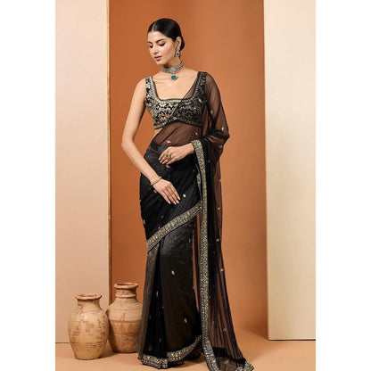 Neha Khullar Black Silk Tissue Net Embroidered Pre Drape Saree and Stitched Blouse Set