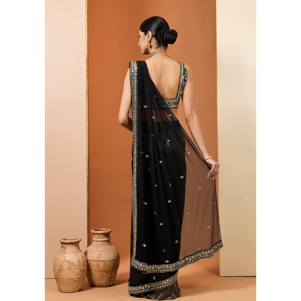 Neha Khullar Black Silk Tissue Net Embroidered Pre Drape Saree and Stitched Blouse Set