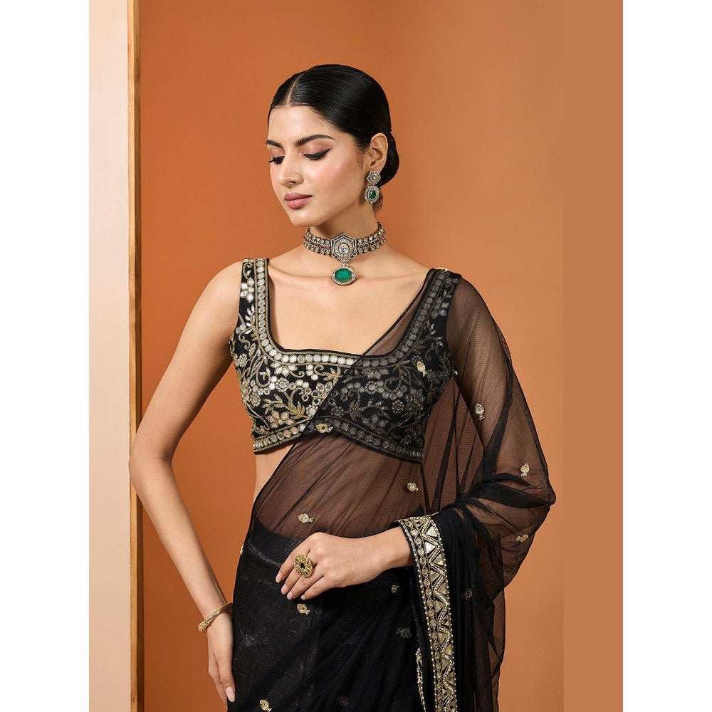 Neha Khullar Black Silk Tissue Net Embroidered Pre Drape Saree and Stitched Blouse Set