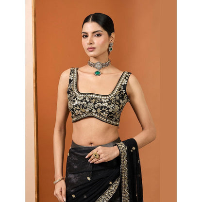 Neha Khullar Black Silk Tissue Net Embroidered Pre Drape Saree and Stitched Blouse Set