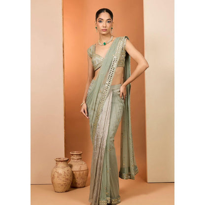 Neha Khullar Green Organza Mirror Work Pre Drape Saree and Stitched Blouse with Peticoat Set