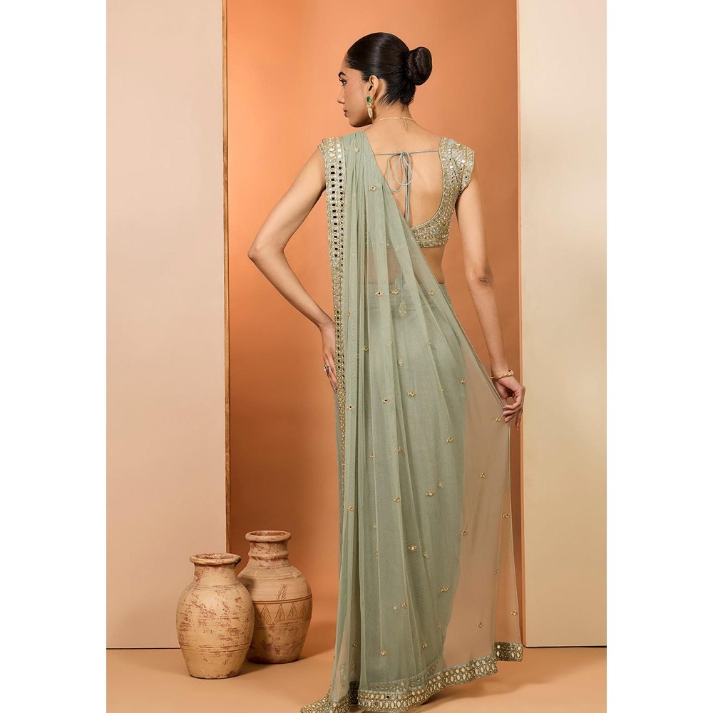 Neha Khullar Green Organza Mirror Work Pre Drape Saree and Stitched Blouse with Peticoat Set