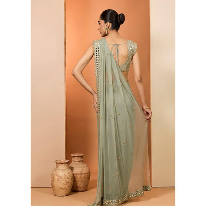 Neha Khullar Green Organza Mirror Work Pre Drape Saree and Stitched Blouse with Peticoat Set