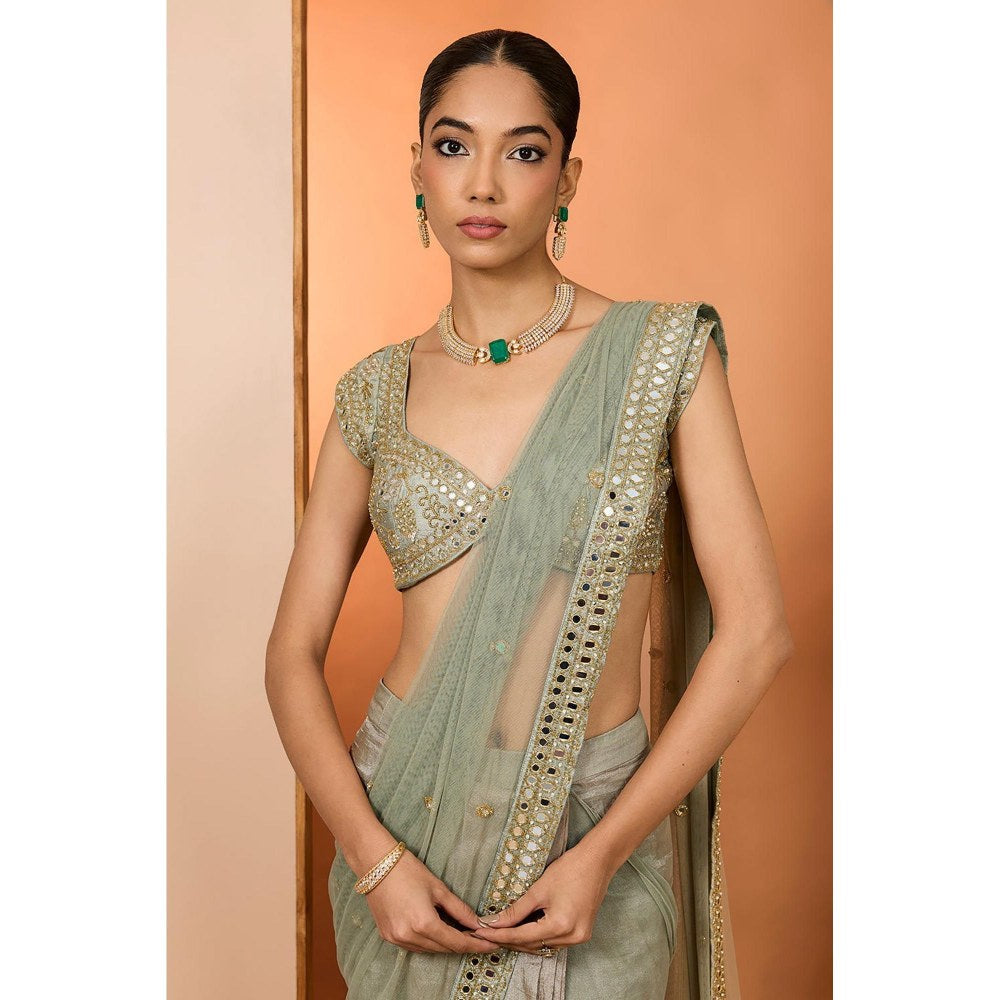 Neha Khullar Green Organza Mirror Work Pre Drape Saree and Stitched Blouse with Peticoat Set