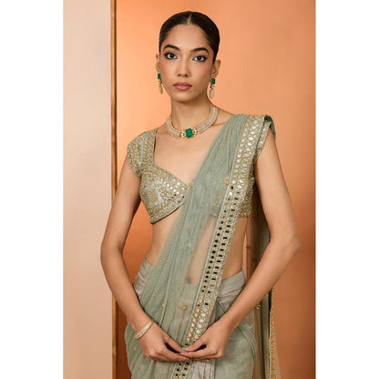 Neha Khullar Green Organza Mirror Work Pre Drape Saree and Stitched Blouse with Peticoat Set