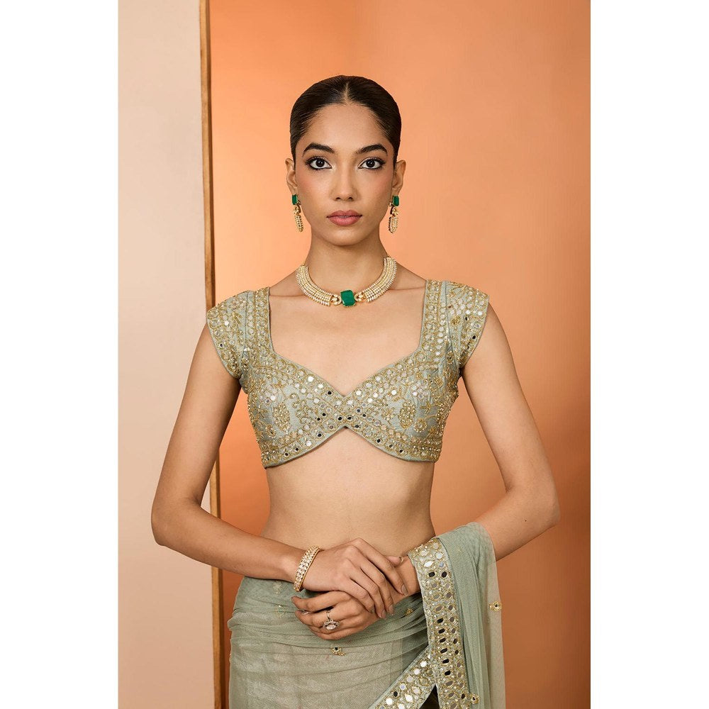 Neha Khullar Green Organza Mirror Work Pre Drape Saree and Stitched Blouse with Peticoat Set