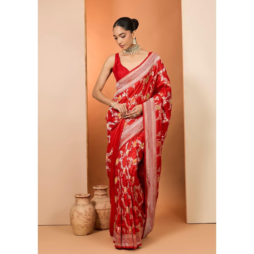 Neha Khullar Red Woven Pre Drape Saree and Unstitched Blouse