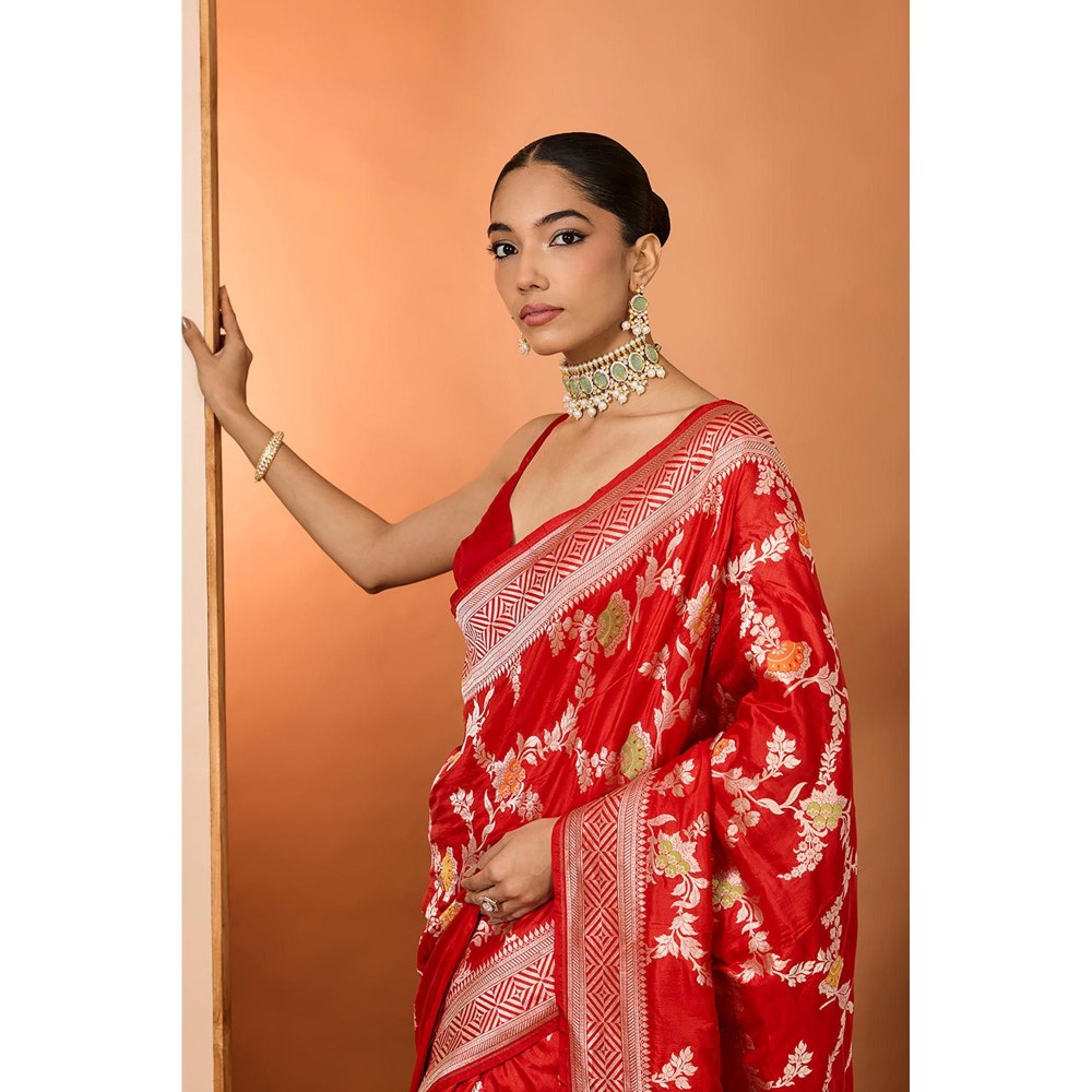 Neha Khullar Red Woven Pre Drape Saree and Unstitched Blouse
