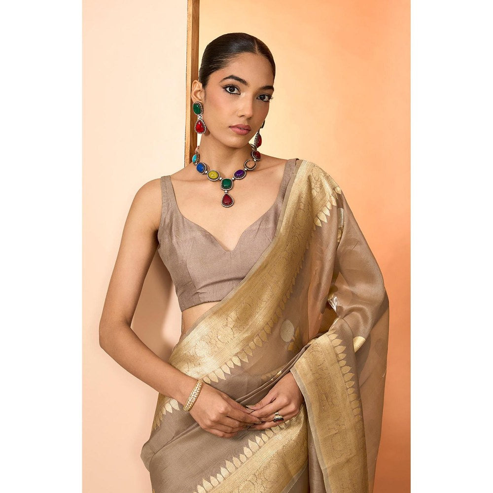 Neha Khullar Brown Woven Pre Drape Saree and Unstitched Blouse