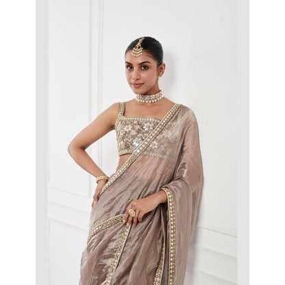 Neha Khullar Mocha Muse Mirror Work Pre Drape Saree and Stitched Blouse Set