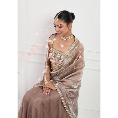 Neha Khullar Mocha Muse Mirror Work Pre Drape Saree and Stitched Blouse Set