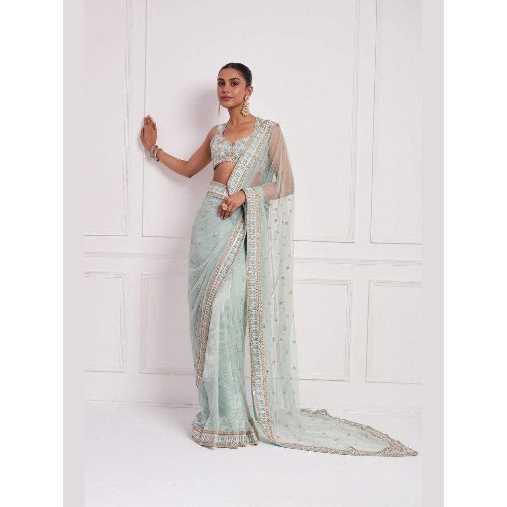 Neha Khullar Sky Blue Embroidered Pre Drape Saree and Stitched Blouse Set