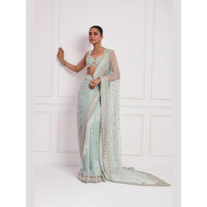 Neha Khullar Sky Blue Embroidered Pre Drape Saree and Stitched Blouse Set