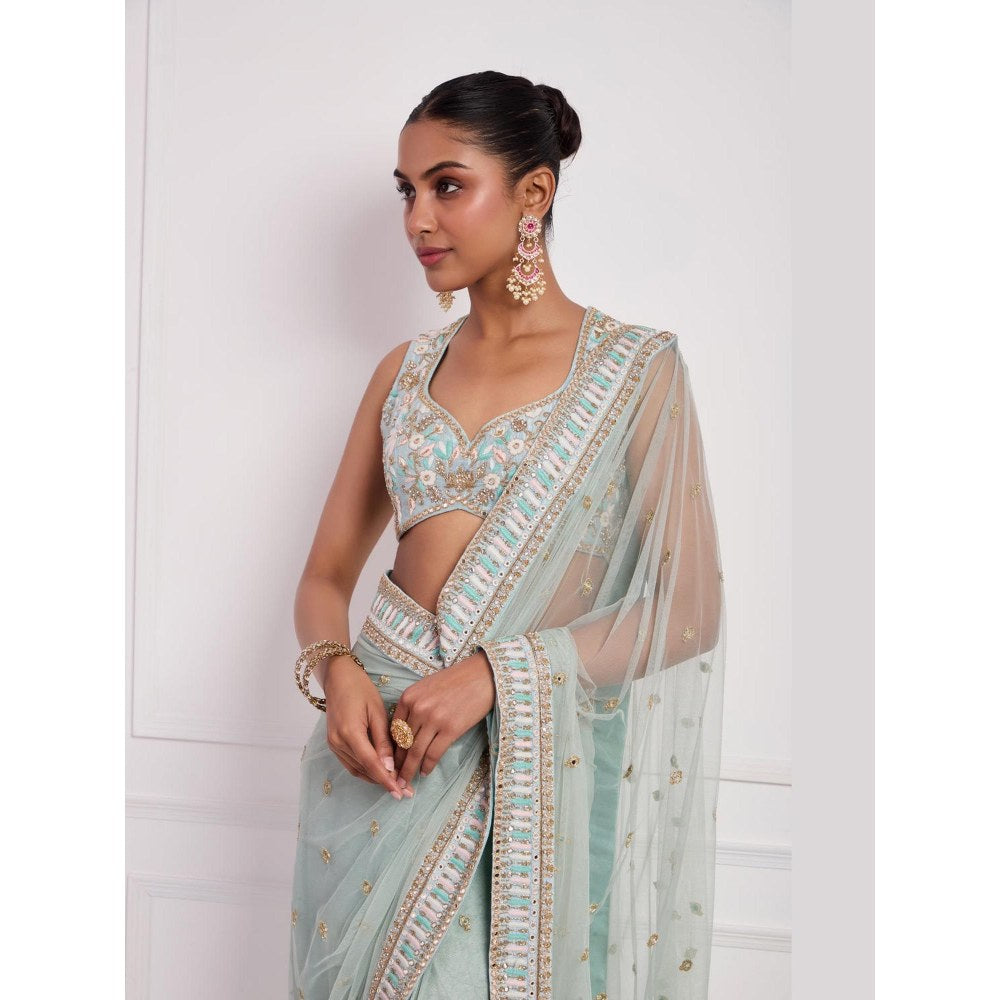 Neha Khullar Sky Blue Embroidered Pre Drape Saree and Stitched Blouse Set