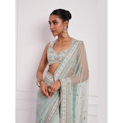Neha Khullar Sky Blue Embroidered Pre Drape Saree and Stitched Blouse Set