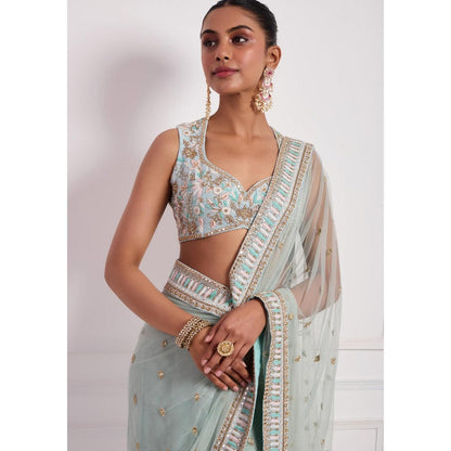 Neha Khullar Sky Blue Embroidered Pre Drape Saree and Stitched Blouse Set