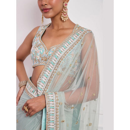 Neha Khullar Sky Blue Embroidered Pre Drape Saree and Stitched Blouse Set