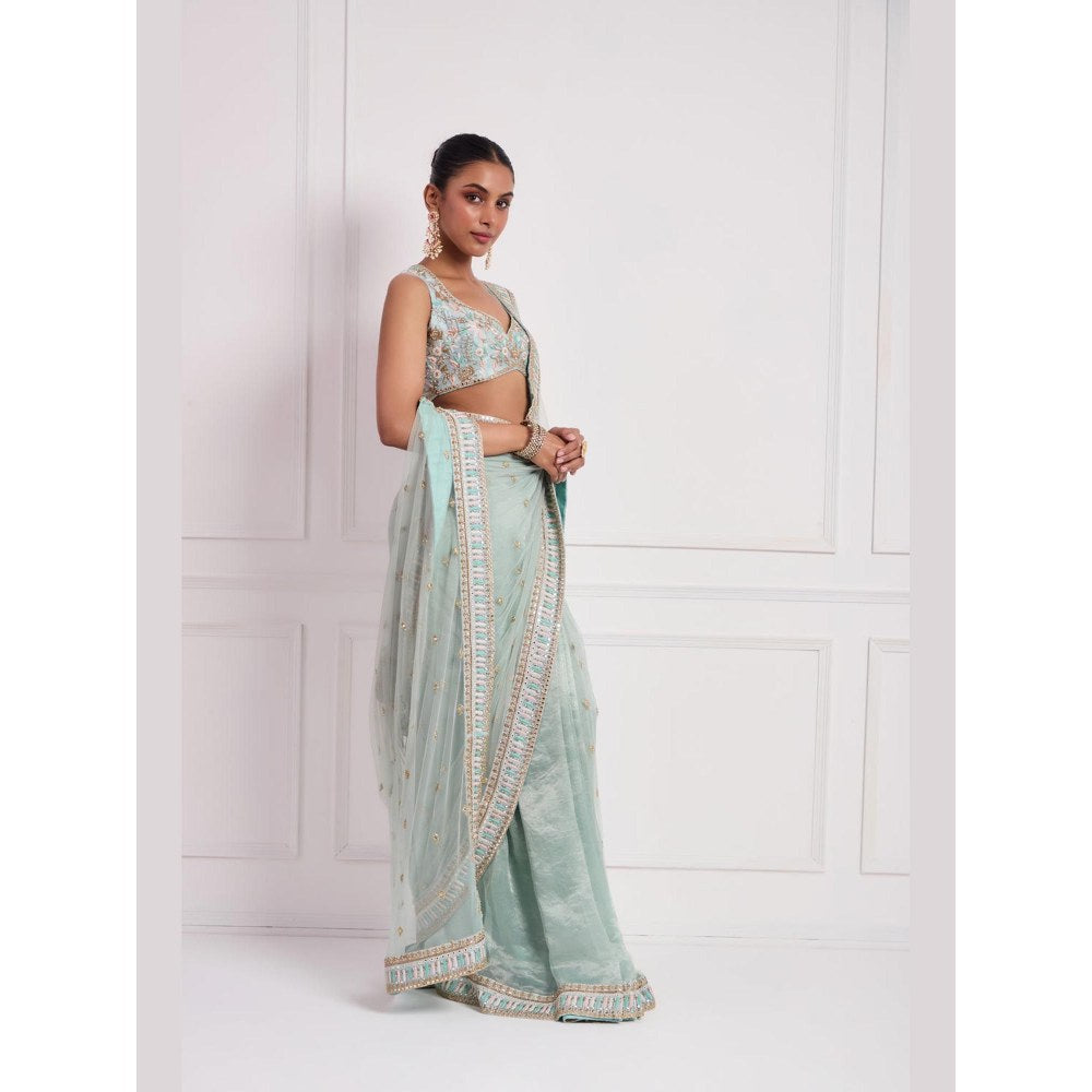 Neha Khullar Sky Blue Embroidered Pre Drape Saree and Stitched Blouse Set