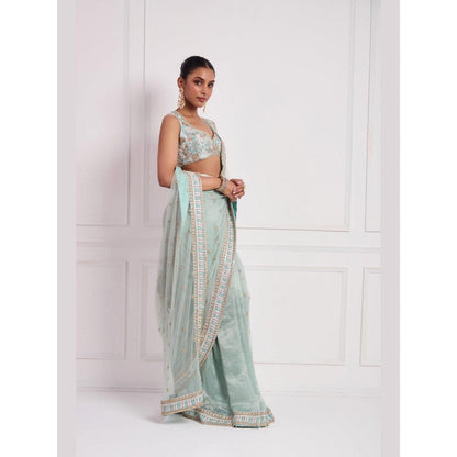 Neha Khullar Sky Blue Embroidered Pre Drape Saree and Stitched Blouse Set