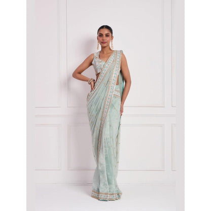 Neha Khullar Sky Blue Embroidered Pre Drape Saree and Stitched Blouse Set