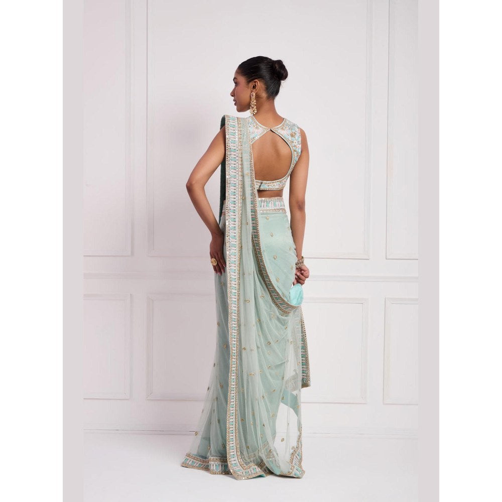 Neha Khullar Sky Blue Embroidered Pre Drape Saree and Stitched Blouse Set