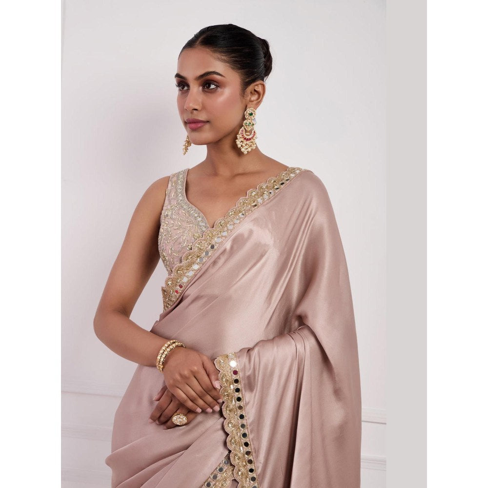 Neha Khullar Blush Pink Mirror Work Pre Drape Saree and Stitched Blouse Set