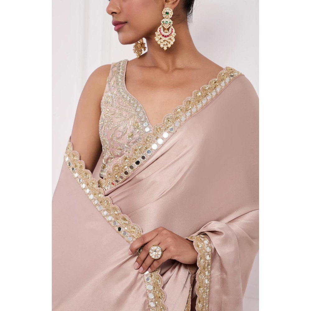 Neha Khullar Blush Pink Mirror Work Pre Drape Saree and Stitched Blouse Set
