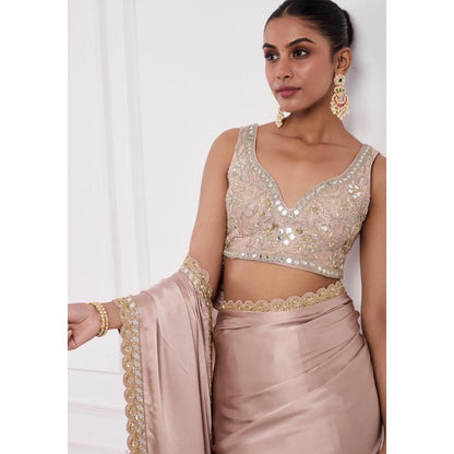Neha Khullar Blush Pink Mirror Work Pre Drape Saree and Stitched Blouse Set