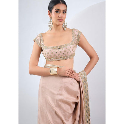 Neha Khullar Blush pink Mirror Work Pre Drape Saree and Stitched Blouse with Peticoat Set