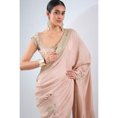 Neha Khullar Blush pink Mirror Work Pre Drape Saree and Stitched Blouse with Peticoat Set