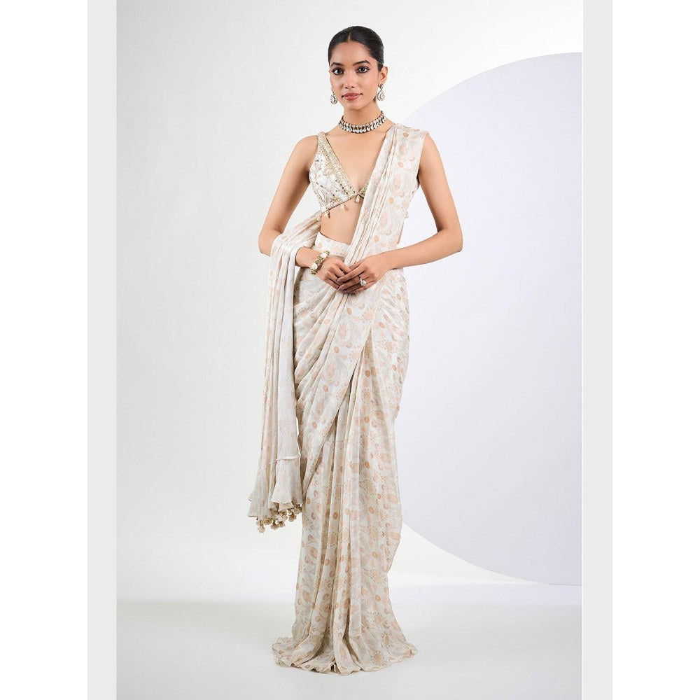 Neha Khullar Printed Chinon Chiffon Ivory Pearl Pre Draped Saree With Stitched Blouse