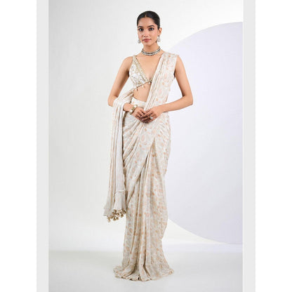 Neha Khullar Printed Chinon Chiffon Ivory Pearl Pre Draped Saree With Stitched Blouse