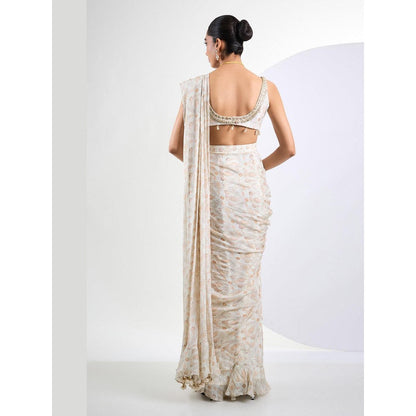 Neha Khullar Printed Chinon Chiffon Ivory Pearl Pre Draped Saree With Stitched Blouse