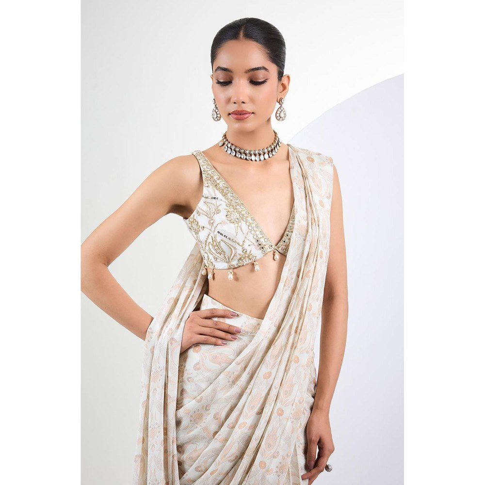 Neha Khullar Printed Chinon Chiffon Ivory Pearl Pre Draped Saree With Stitched Blouse