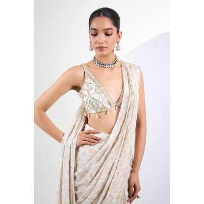Neha Khullar Printed Chinon Chiffon Ivory Pearl Pre Draped Saree With Stitched Blouse