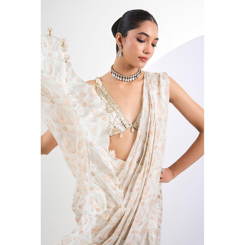 Neha Khullar Printed Chinon Chiffon Ivory Pearl Pre Draped Saree With Stitched Blouse