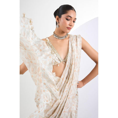 Neha Khullar Printed Chinon Chiffon Ivory Pearl Pre Draped Saree With Stitched Blouse