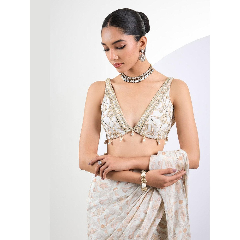 Neha Khullar Printed Chinon Chiffon Ivory Pearl Pre Draped Saree With Stitched Blouse